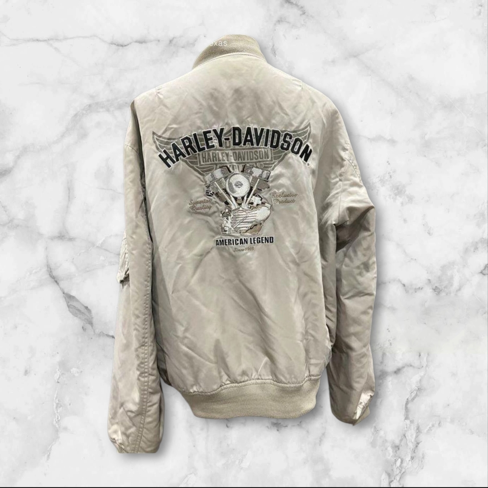 Harley-Davidson Bomber Jacket Mens XL Beige Nylon Quilted Lined Embroidered Logo